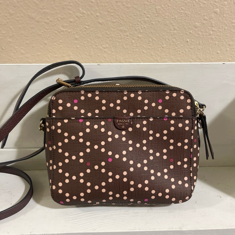 Fossil Brown Crossbody with Pink Polka Dot Pattern